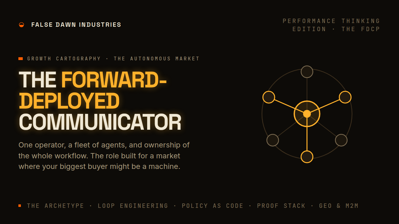 False Dawn Industries Performance Thinking: the Forward-Deployed Communications Professional. One operator, a fleet of agents, ownership of the whole workflow.